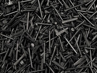 Black metal nails, industrial pile, warehouse background