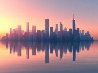 Obraz premium Serene City Skyline at Sunset with Reflected Buildings in Water