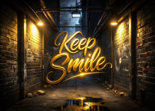 Golden Handwritten Calligraphy "Keep Smiling" on Black Background - Motivational Urban Exploration Stock Photo