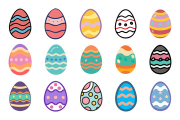 set of cute and colorful cartoon Easter eggs with various patterns and designs