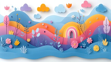 Colorful layered landscape with flowers, trees, and a rainbow under a bright sky, ideal for children's decor