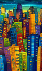Obraz premium Colorful cityscape illustration with vibrant skyscrapers under a starry sky, featuring whimsical architecture and glowing windows in a fantasy urban setting