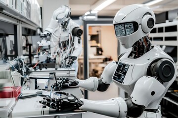 Humanoid robots get cutting-edge AI operating systems in a robotics lab.
