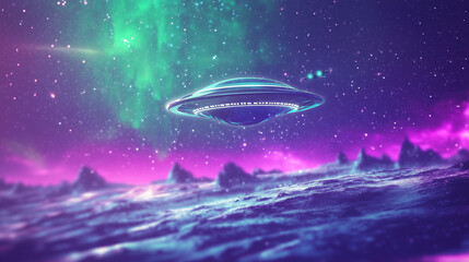 Gradient banner with purple and green alien planet image, small UFO flying across the sky, neon blue to green gradient background, Ai generated images