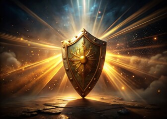 Golden Shield Radiant Light Rays Surreal Photography Stock Photo