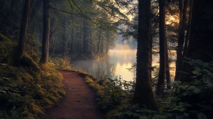 Obraz premium Misty sunrise over tranquil forest lake with path.