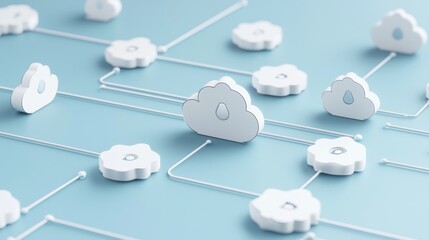 A creative representation of cloud computing, featuring interconnected cloud icons on a blue background, symbolizing data sharing and connectivity.