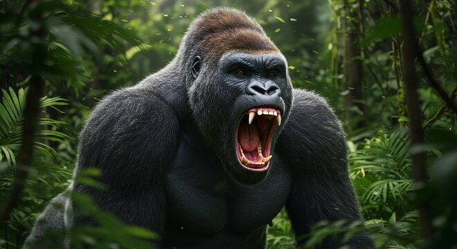 Angry gorilla roars with an open mouth in the jungle