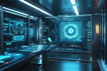 High-tech server room, digital systems actively detecting and countering malware threats.