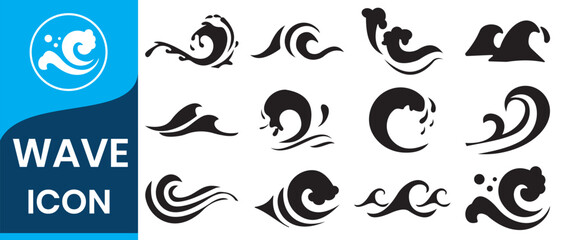 Water wave icons in black. Wave shapes collection. Set of sea wave logo in black. Water wave icons collection. Water drops, black sea ocean waves stencil. Liquid elements, cry droplet icons vector set