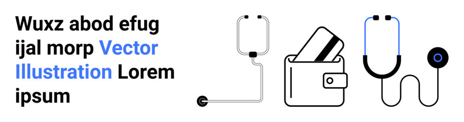 Medical tools including stethoscope and IV drip alongside wallet containing credit cards. Ideal for healthcare, finance, medical expenses, healthcare access, insurance, budgeting, and financial