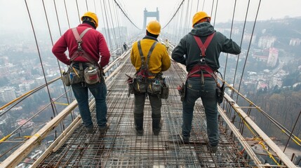 Three construction workers in safety gear stand on a bridge under construction, overlooking a cityscape, exemplifying teamwork and engineering.
