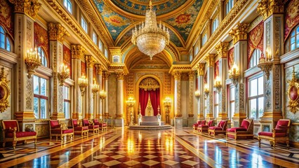 Obraz premium Grand Palace Hall: Panoramic View of Golden Throne Room with Marble Columns and Arch Windows