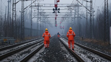 Two workers in orange safety gear walk along railway tracks on a foggy day, surrounded by signaling equipment and trees.