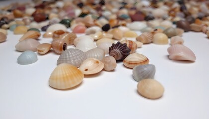Vibrant Collection of Small Seashells on White Background