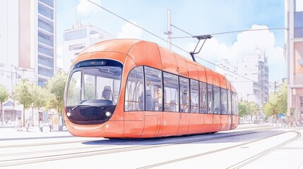 Vibrant orange tram traveling along city tracks under a bright blue sky with buildings in background