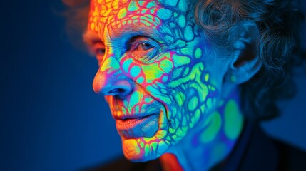 Woman with neon UV makeup and colorful face patterns, glowing softly; abstract artistry blending light and identity.