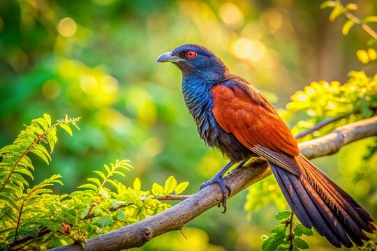 Greater Coucal Bird Side Profile on Tree Branch,  Tropical Rainforest Aviary Wildlife Photography