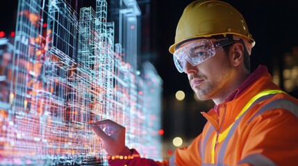 A construction worker in safety gear interacts with a digital blueprint, showcasing advanced technology in building design at night.