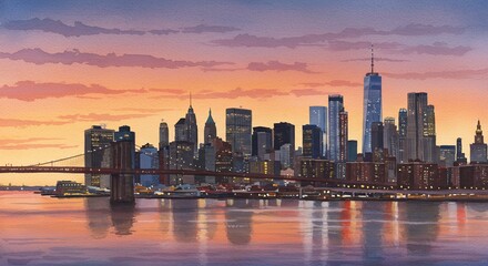 Fototapeta premium Watercolor skyline depicting a vibrant new york city cityscape