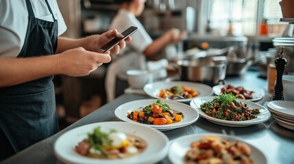 chef is using a small bowl to arrange food on white plates, holding and looking at their phone
