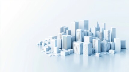 Obraz premium A modern, minimalist cityscape is depicted in white tones, showcasing various skyscrapers and buildings against a light backdrop.