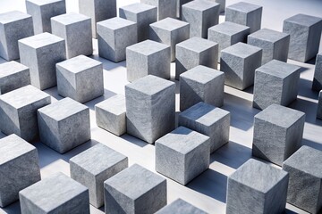 Grey Stone Cubes Abstract Construction, Minimalist White Background Stock Photo