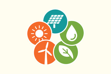Set of colorful icons representing various renewable energy sources: solar, wind, hydro, and biomass. Perfect for eco-friendly and sustainable energy projects.