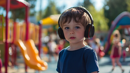Little boy wearing noise cancelling headphones in a crowded playground, background of children playing with noisy sounds, Ai generated images