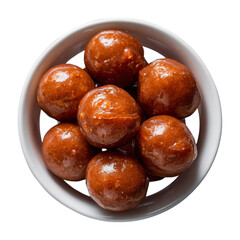 Obraz premium Round Reddish-Brown Dessert Balls in White Bowl Isolated on Transparent Background PNG