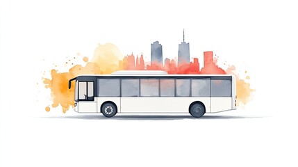 A white city bus traveling through an urban landscape with watercolor skyline in the background