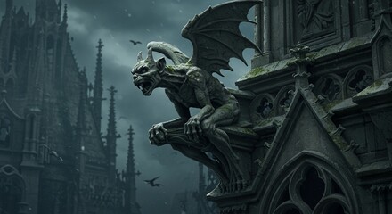 Gargoyle sits atop gothic architecture against a dark sky