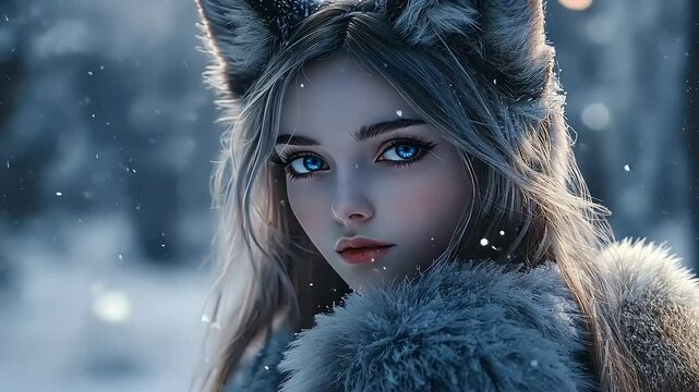 Fairytale-esque Blonde Woman with Wolf Ears in Snowy Scene