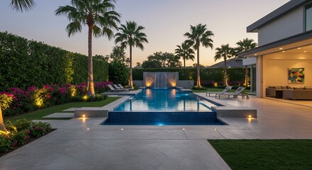 Elegant swimming pool with waterfall and palm trees at dusk