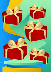 Mockup product display with Heart shaped gift box. Vector cylinder pedestal podium. Stage showcase for presentation. Minimal geometric forms.