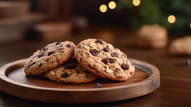 National Oatmeal Cookie Day, A batch of warm oatmeal cookies with chocolate chunks and raisins served on a wooden plate, rustic kitchen background, Ai generated images