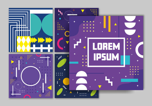 Geometric Backgrounds Set Memphis Style Blue and Purple 