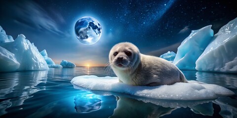 Obraz premium Harp Seal Pup on Iceberg at Night - Arctic Wildlife Photography