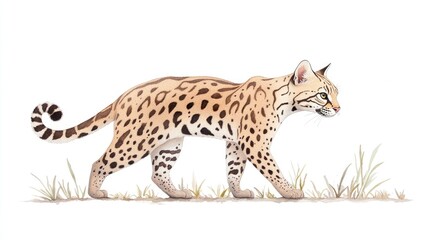 Illustration of a walking serval cat in a grassy setting, showcasing its unique spots and elegance