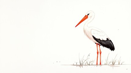 Elegant stork standing gracefully in a serene environment with subtle grass details