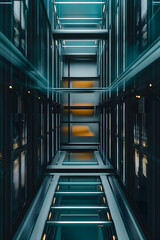 A high-tech data center with rows of server cabinets, illuminated by teal lights. The camera is positioned at eye level and captures the entire scene from an overhead perspective. There's no 