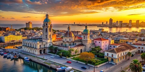 Fototapeta premium Havana Vieja Skyline: Harbor, Basilica, Orthodox Church & Sierra Maestra Terminal Drone View
