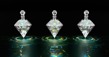 Three magic potions in a polygonal bottle. Diffraction of light and caustics. 3D rendering.