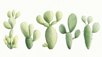 Collection of various green cacti species displayed in a minimalist style on a light background