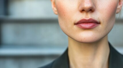Fototapeta premium Close-Up View of a Young Woman's Face with Natural Makeup Against a Neutral Background