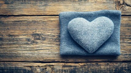 Fototapeta premium Soft Gray Heart Cushion on Knitted Fabric Surrounded by Wooden Planks