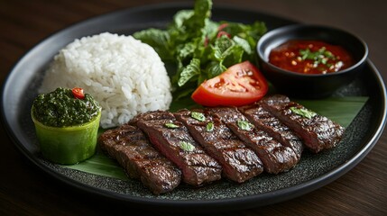 Grilled steak, rice, sauce, salad, dark wood, Asian cuisine, menu