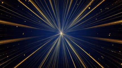Obraz premium Golden Light Rays Bursting from Central Point on Dark Blue Background - Abstract Energy and Technology Concept