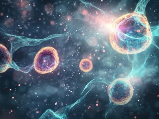 A vibrant depiction of microscopic cells surrounded by ethereal strands, illustrating the intricate world of biology and cellular structures.