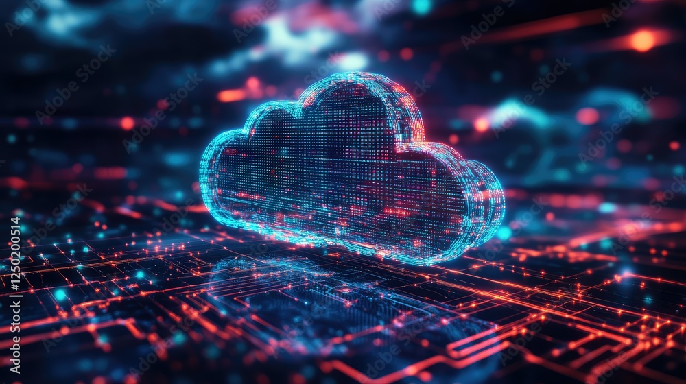 Poster futuristic digital cloud computing concept with neon lights and data connections representing techno
